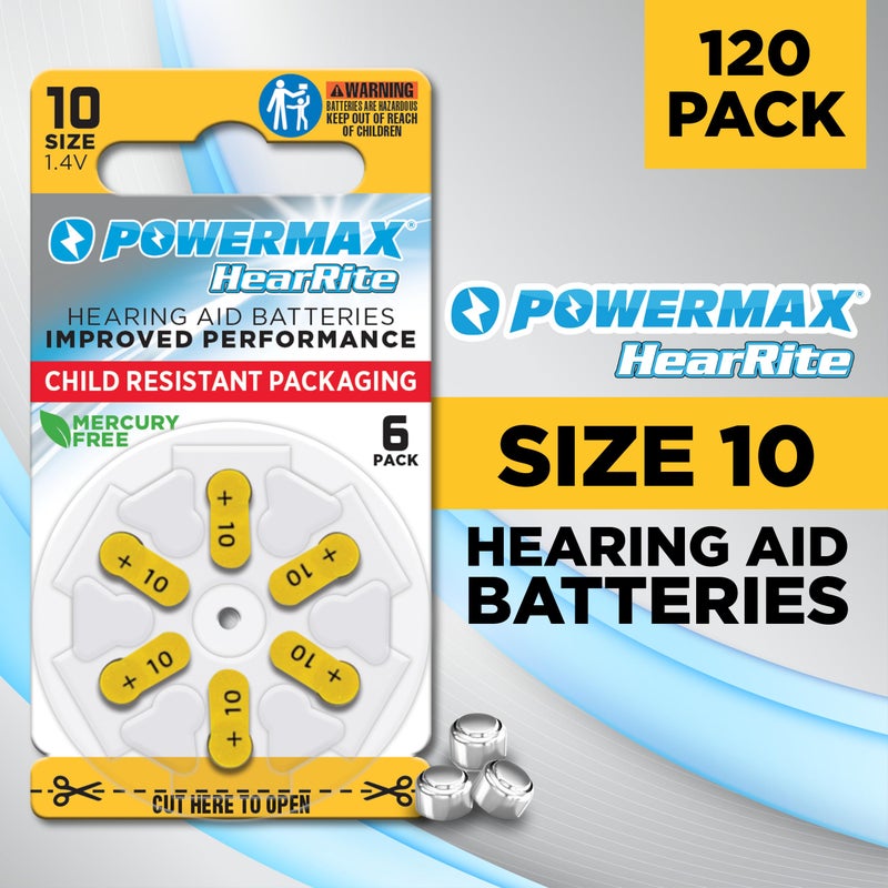 Powermax Size 10 Hearing Aid Batteries, 120 Count Long-Lasting Battery Pack, Yellow Long Tab for Easy Change - Image 2